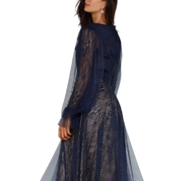 NWT Terani Couture 231C0224 Tea Length Cocktail Dress Navy/Nude Size 10 - Picture 3 of 6